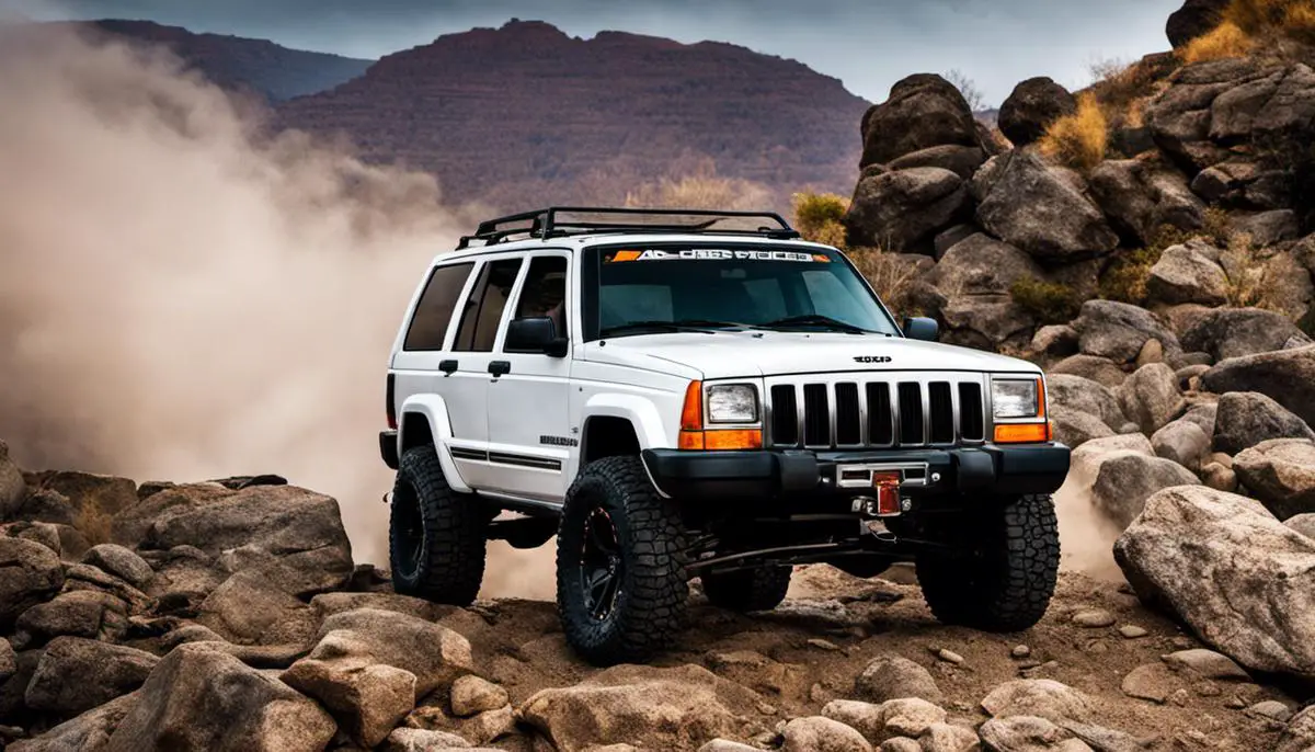 A white 2001 Jeep Cherokee parked on rocky terrain, showcasing its off-road capability and rugged design.