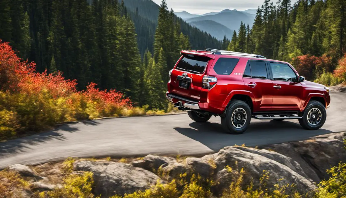 A red Toyota 4Runner driving on a mountain road.