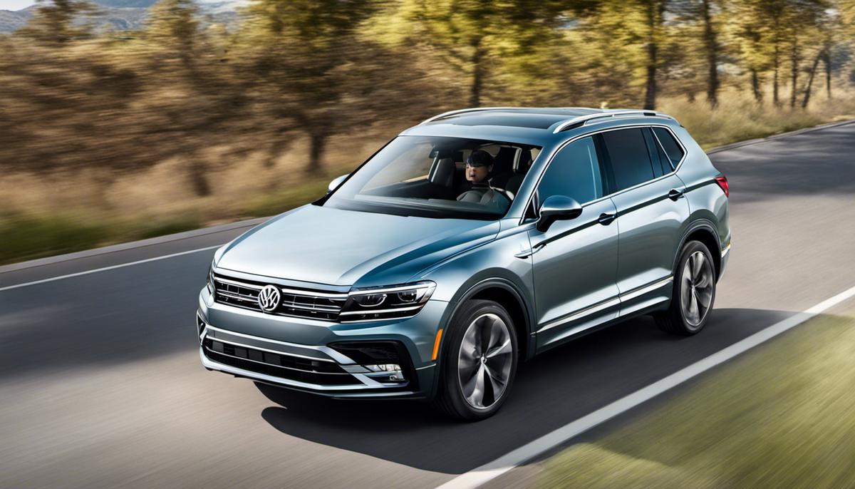 Lane Assist in the 2020 VW Tiguan - an image showing the steering intervention feature guiding the vehicle back to the lane center.