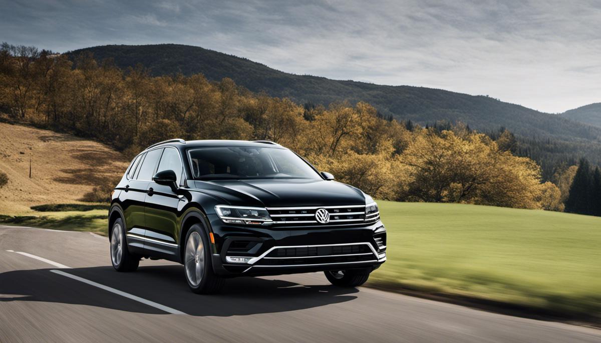 A black 2020 Volkswagen Tiguan SUV driving on a road