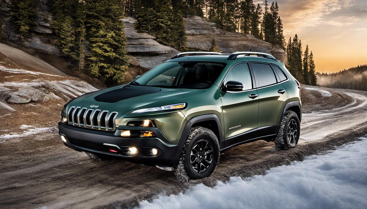 An image showing different types of tires for Jeep Cherokee, including all-season, all-terrain, mud-terrain, and snow tires.