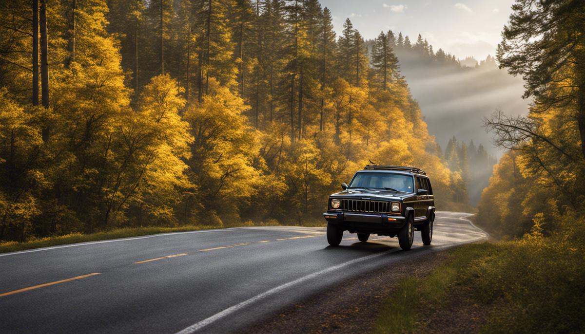 Depiction of an older Jeep Cherokee with a smooth ride on a picturesque road