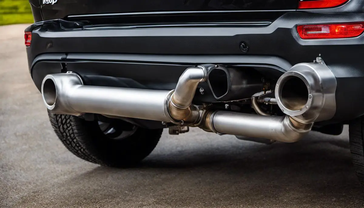 Image of a Jeep Cherokee exhaust system showing various components interconnected with pipes and a muffler.