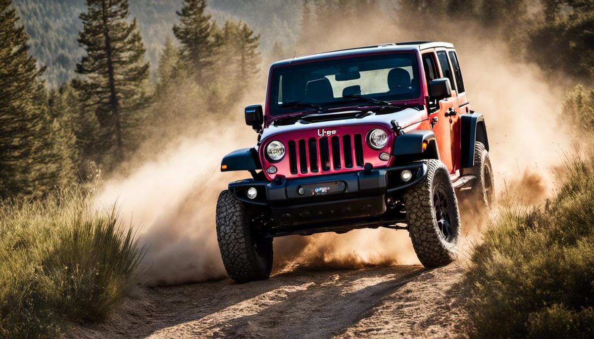 A description of a Jeep Wrangler, showing it being driven on an off-road trail with dust kicking up behind it.