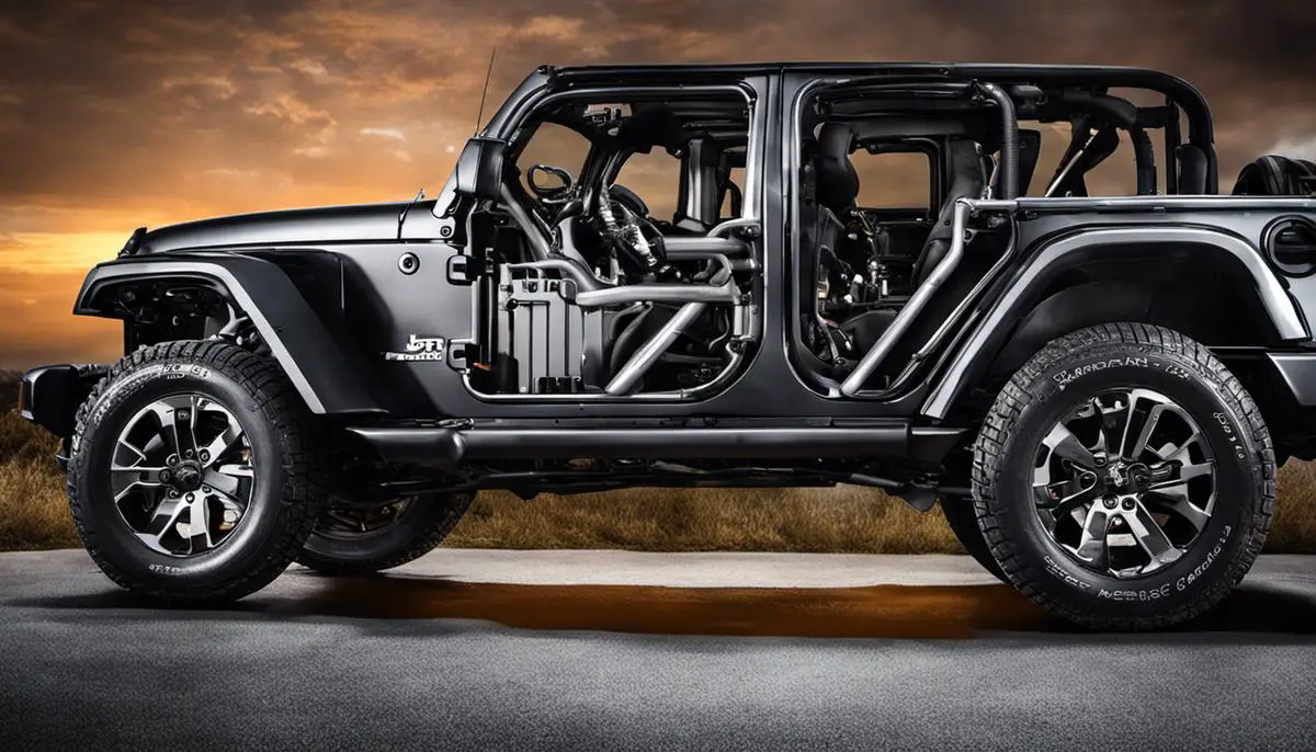Image showcasing the engine and transmission components of a Jeep Wrangler, highlighting the importance of inspecting them for wear during a used car purchase.