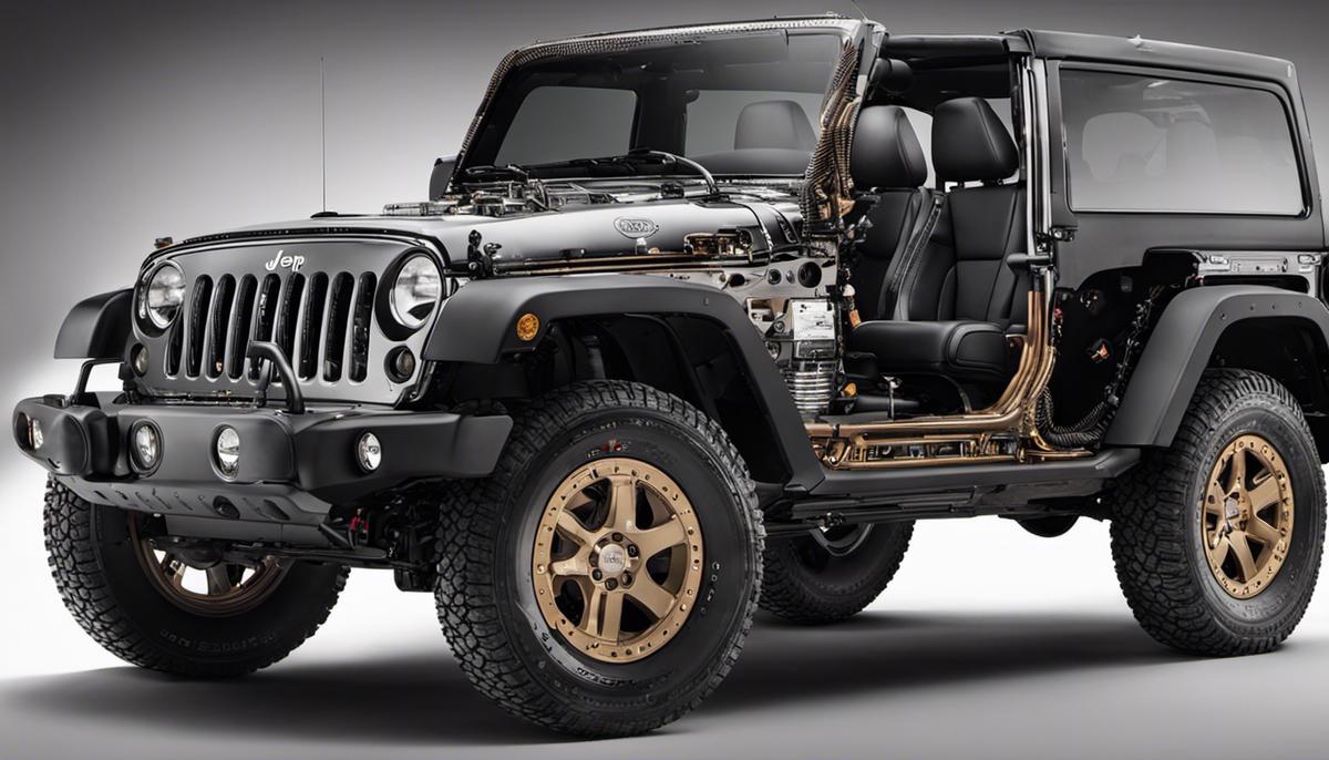 A detailed image of a Jeep Wrangler with visible mechanical parts, representing the various faults discussed in the text for visually impaired individuals