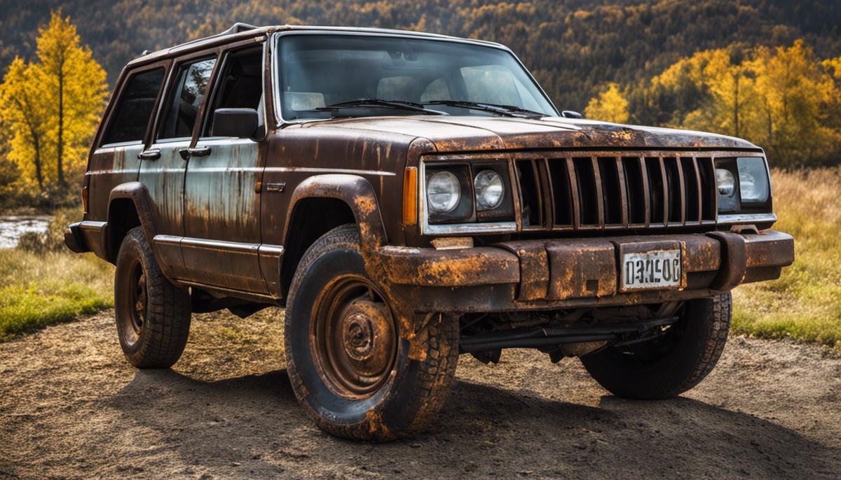 Image of rusty Jeep Cherokee with peeling paint, showcasing the common issues discussed in the text