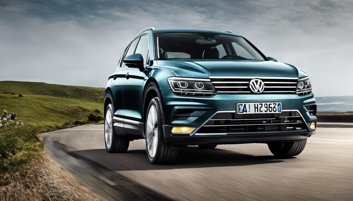 An image showing the VW Tiguan, a compact crossover SUV, on a scenic road.