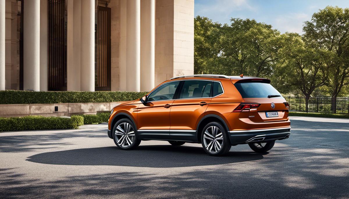 The image shows the 2020 VW Tiguan, a sleek and stylish compact SUV with a modern design.