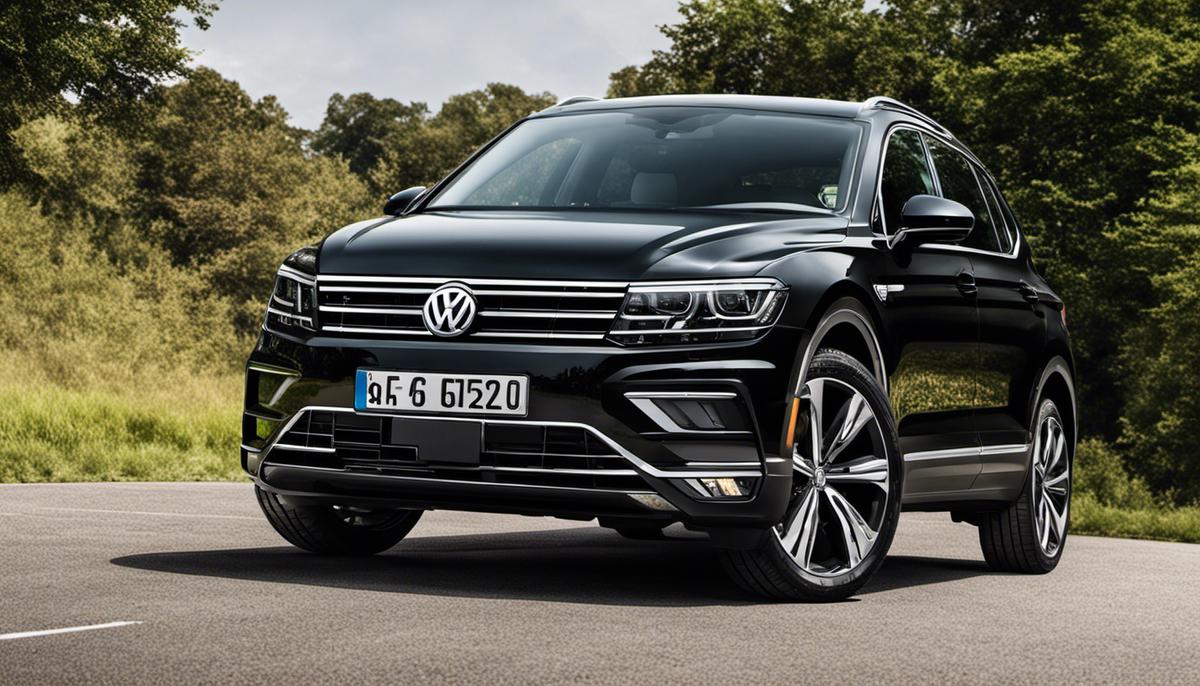 The image shows a black VW Tiguan parked on a road.